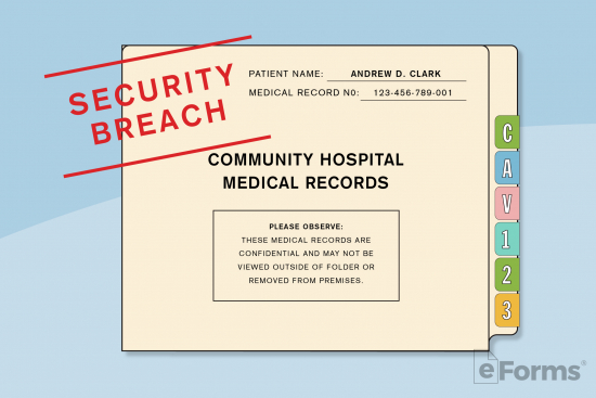 security breach stamp on folder labeled "community hospital medical records" 