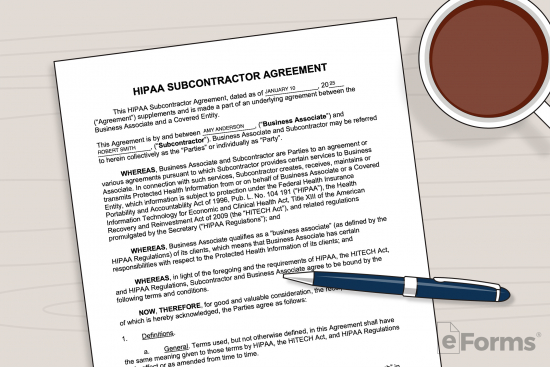 close up of HIPAA subcontractor agreement on desk