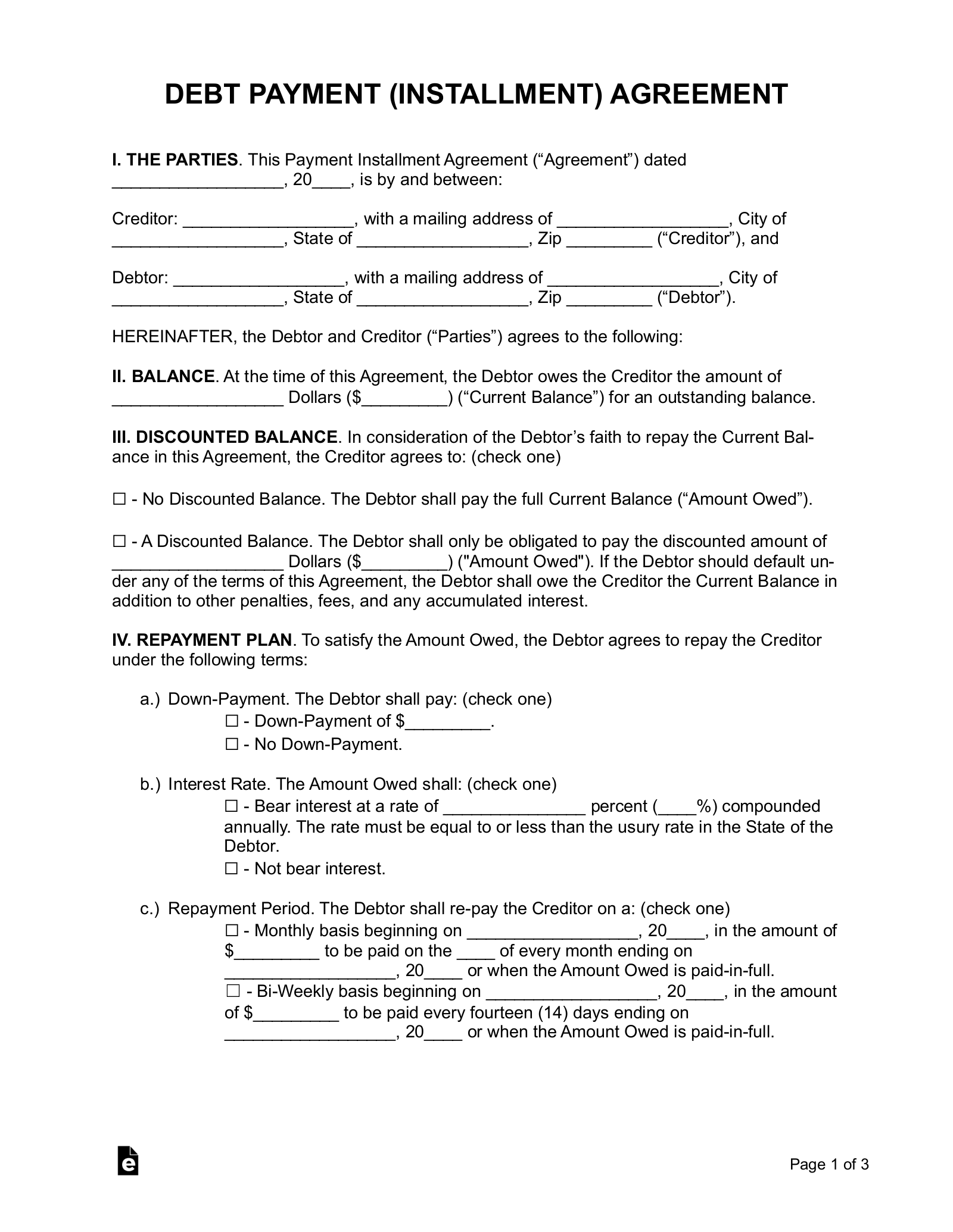 Free Debt Payment Plan Agreement PDF Word eForms