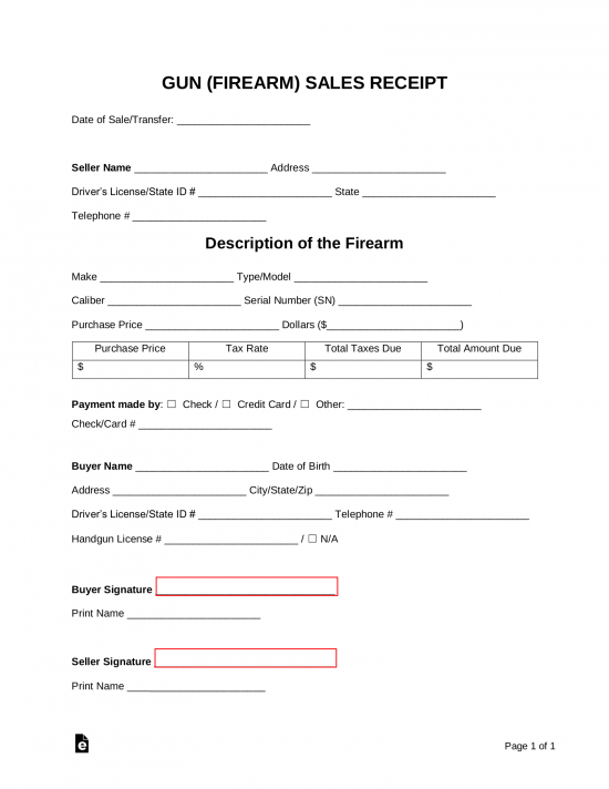 Free Firearm (Gun) Sales Receipt Template Word PDF eForms