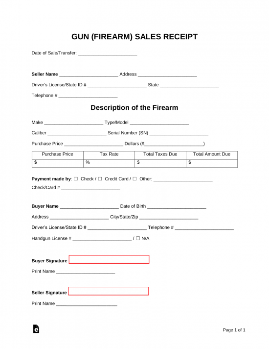 Free Firearm Gun Sales Receipt Template Pdf Word Eforms 9476