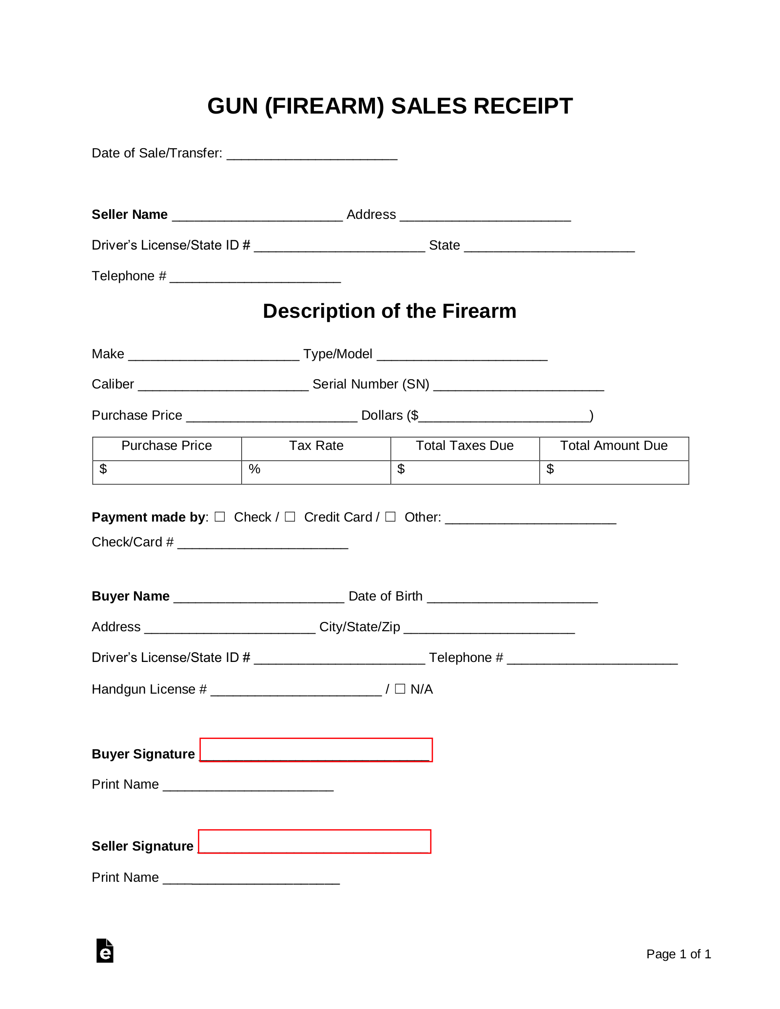 Free Firearm Gun Sales Receipt Template PDF Word EForms