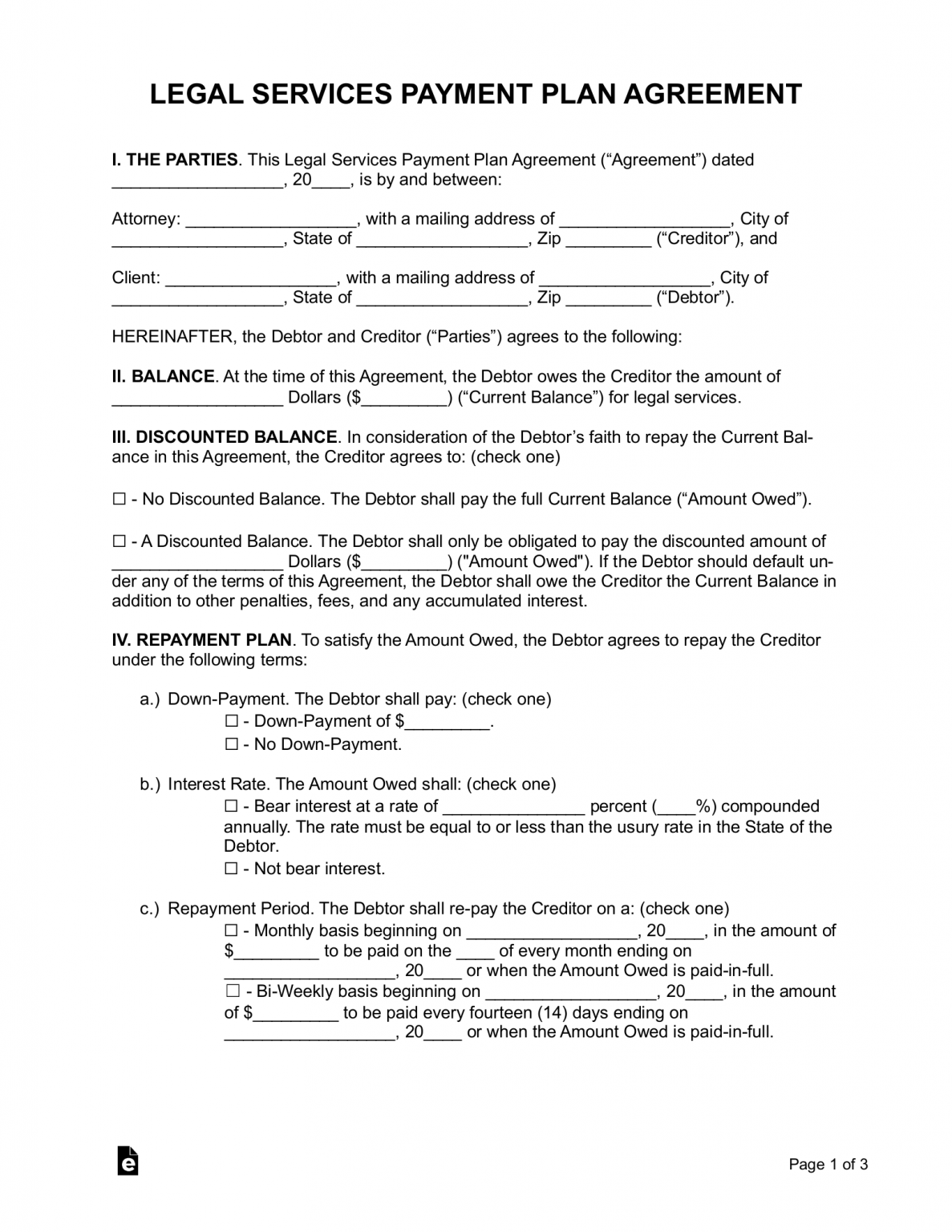 Free Legal Services Payment Plan Agreement PDF Word eForms