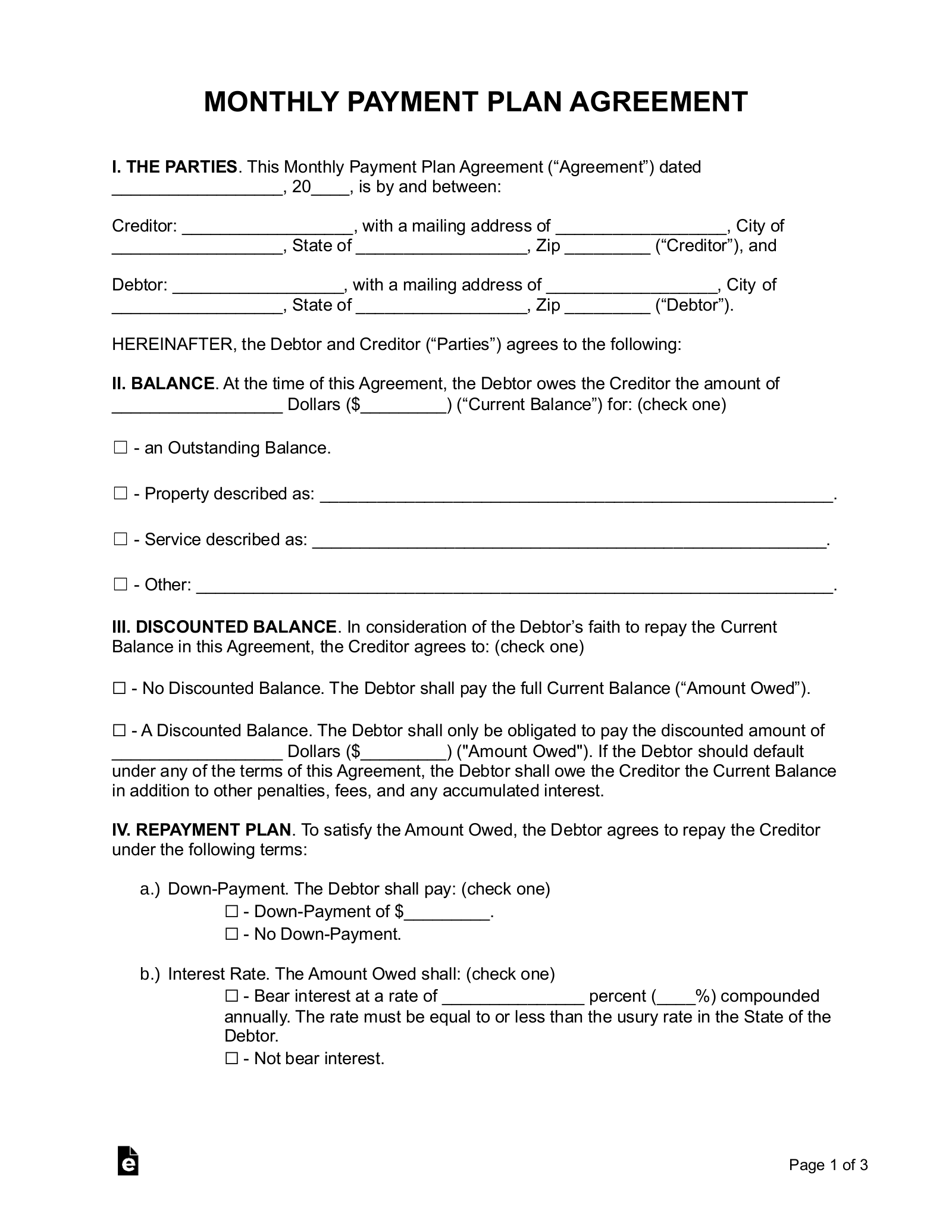 Free Monthly Recurring Payment Plan Agreement PDF Word EForms