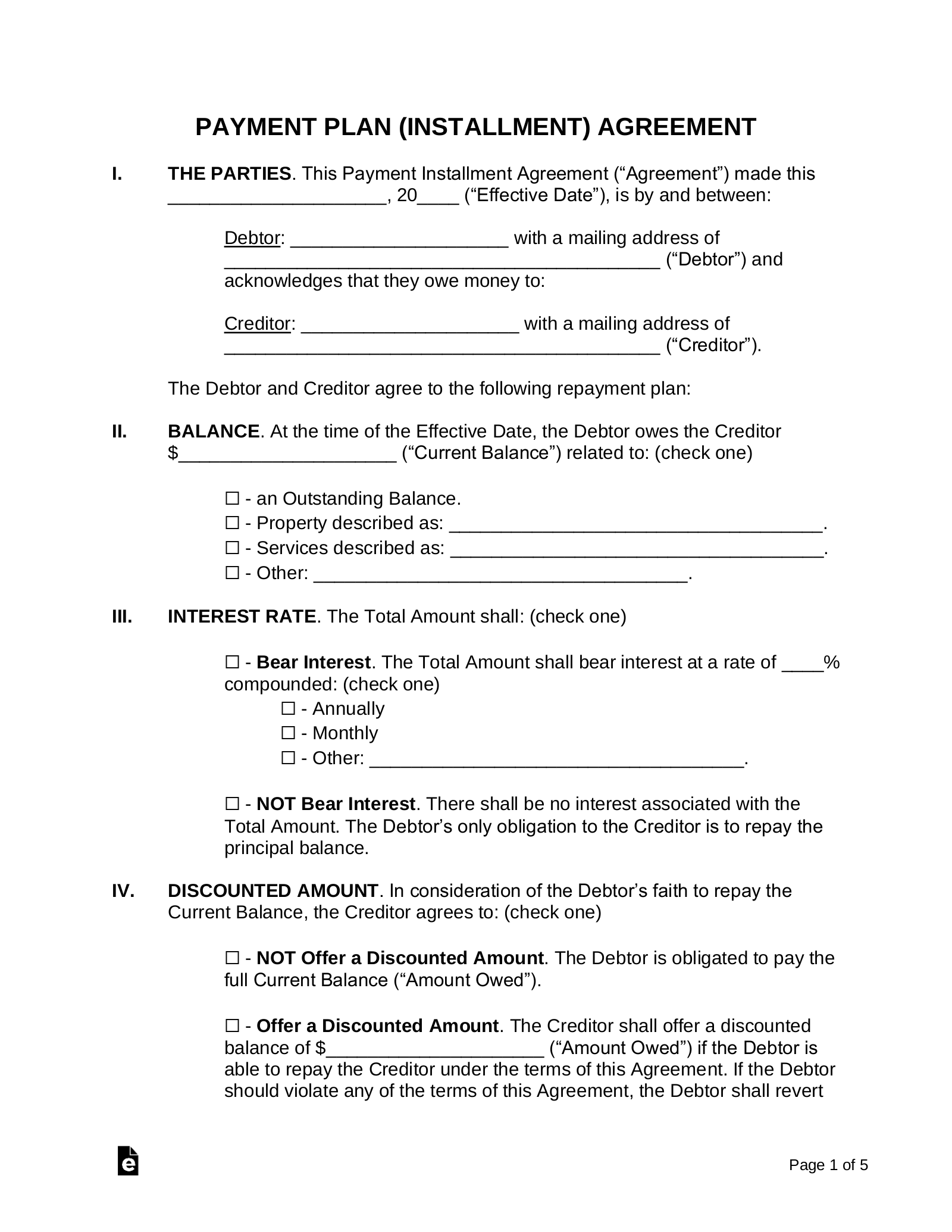 Payment (Plan) Agreement Template