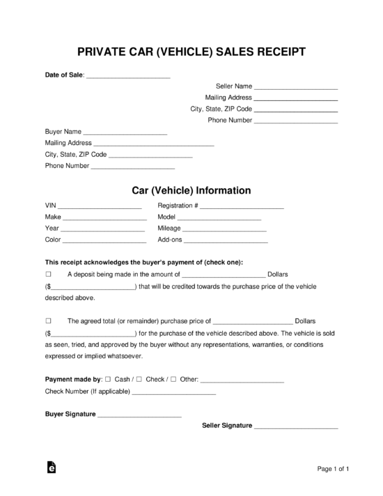 free vehicle private sale receipt template pdf word