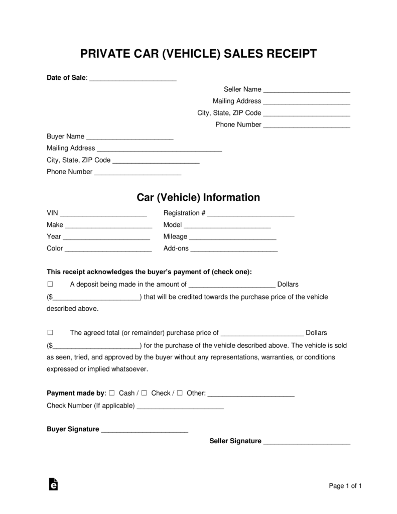 Free Vehicle (Private Sale) Receipt Template - PDF | Word – eForms