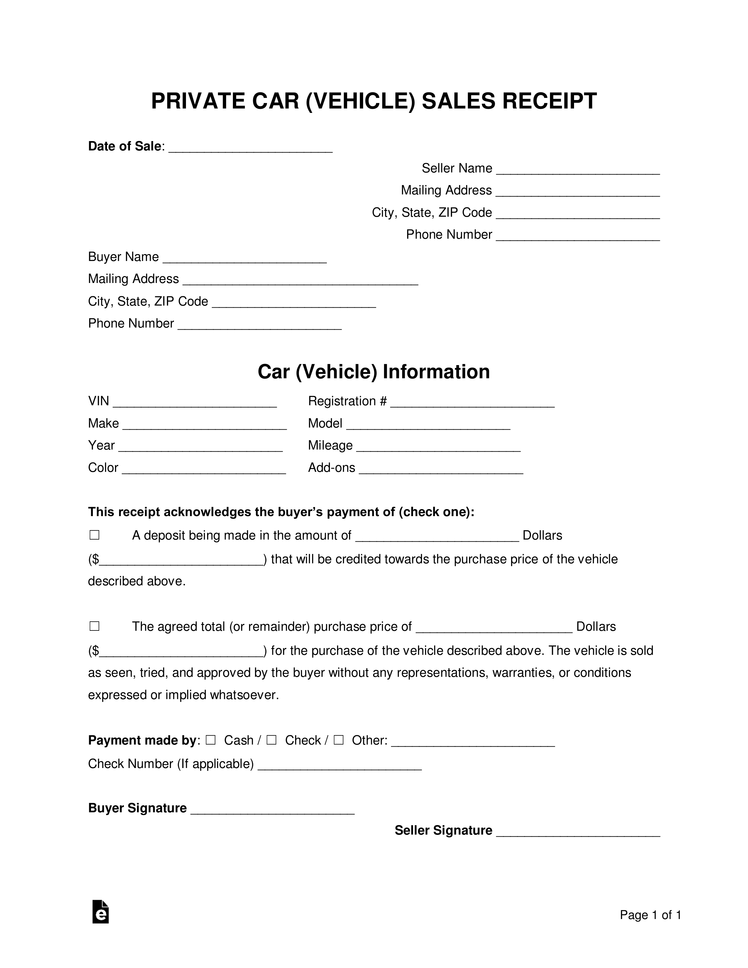 Free Vehicle (Private Sale) Receipt Template - PDF  Word – eForms Inside Car Bill Of Sale Word Template
