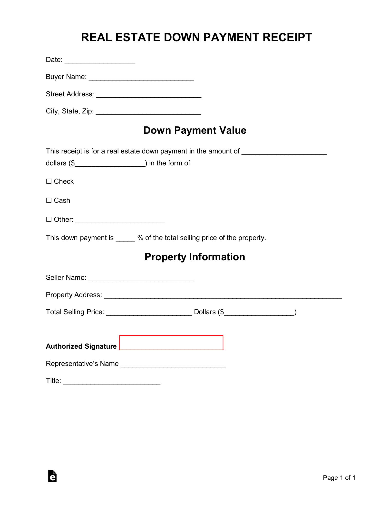 Free Real Estate Down Payment Receipt PDF Word EForms