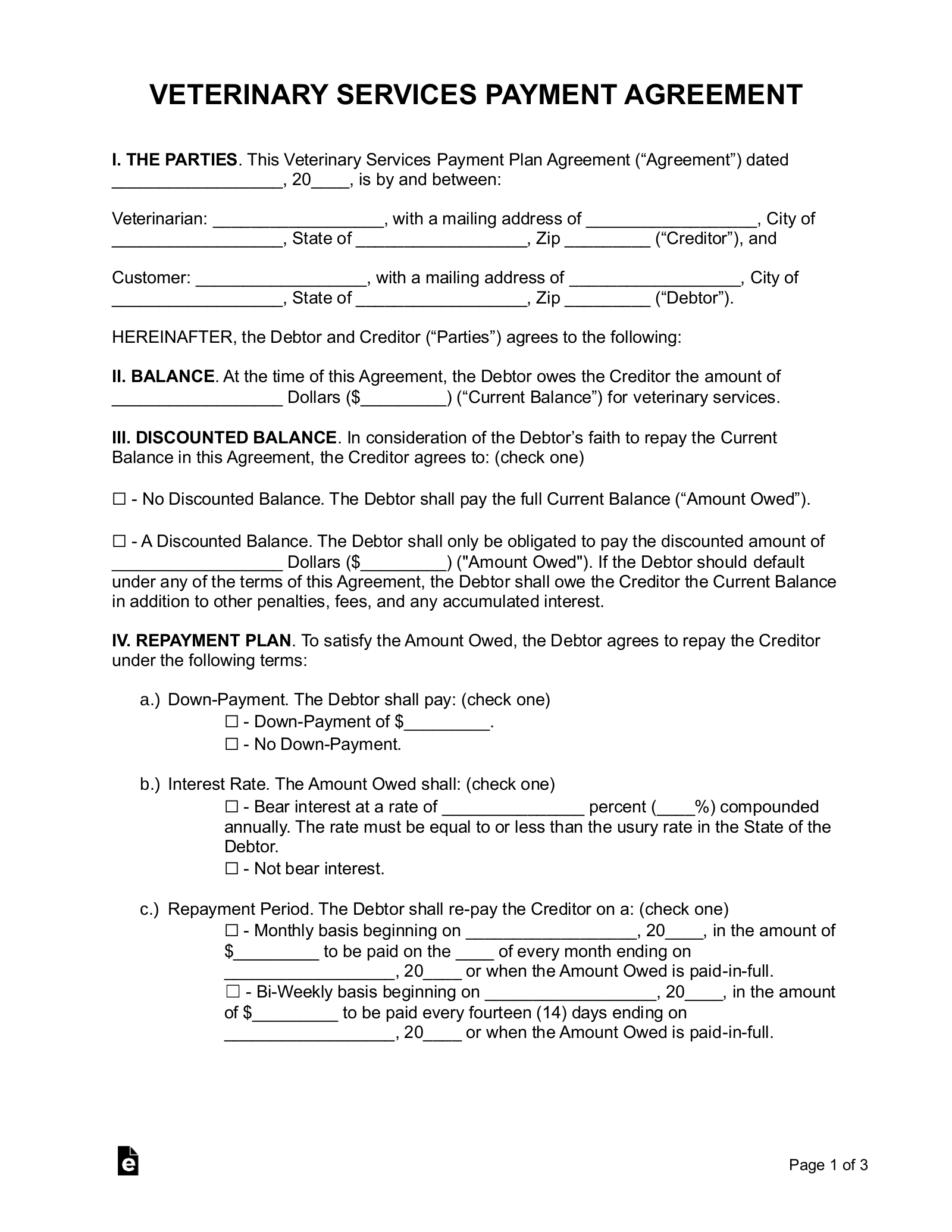 Free Veterinary Payment Plan Agreement PDF Word EForms