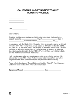 California 14-Day Notice to Quit (Domestic Violence)