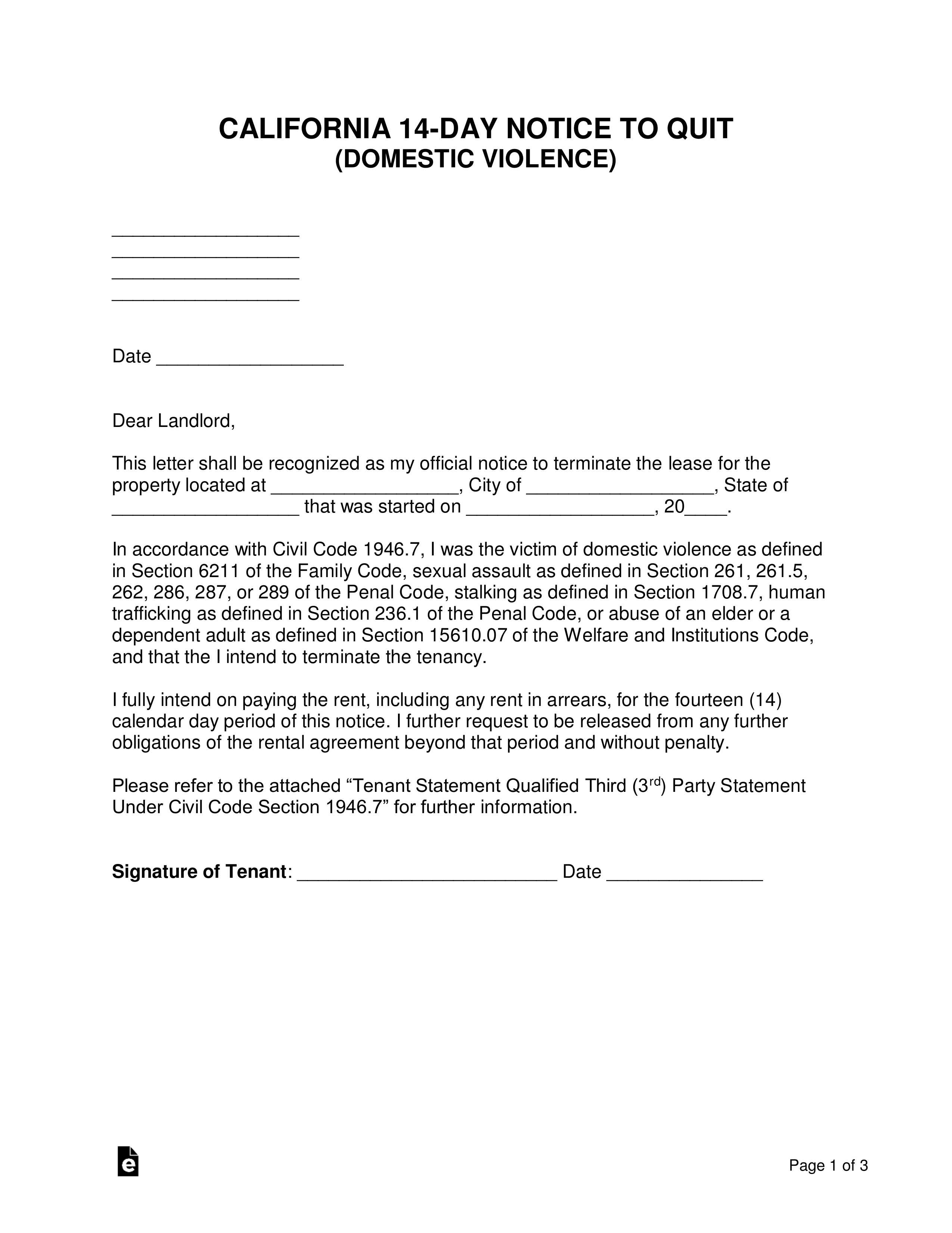 California 14-Day Notice to Quit (Domestic Violence)