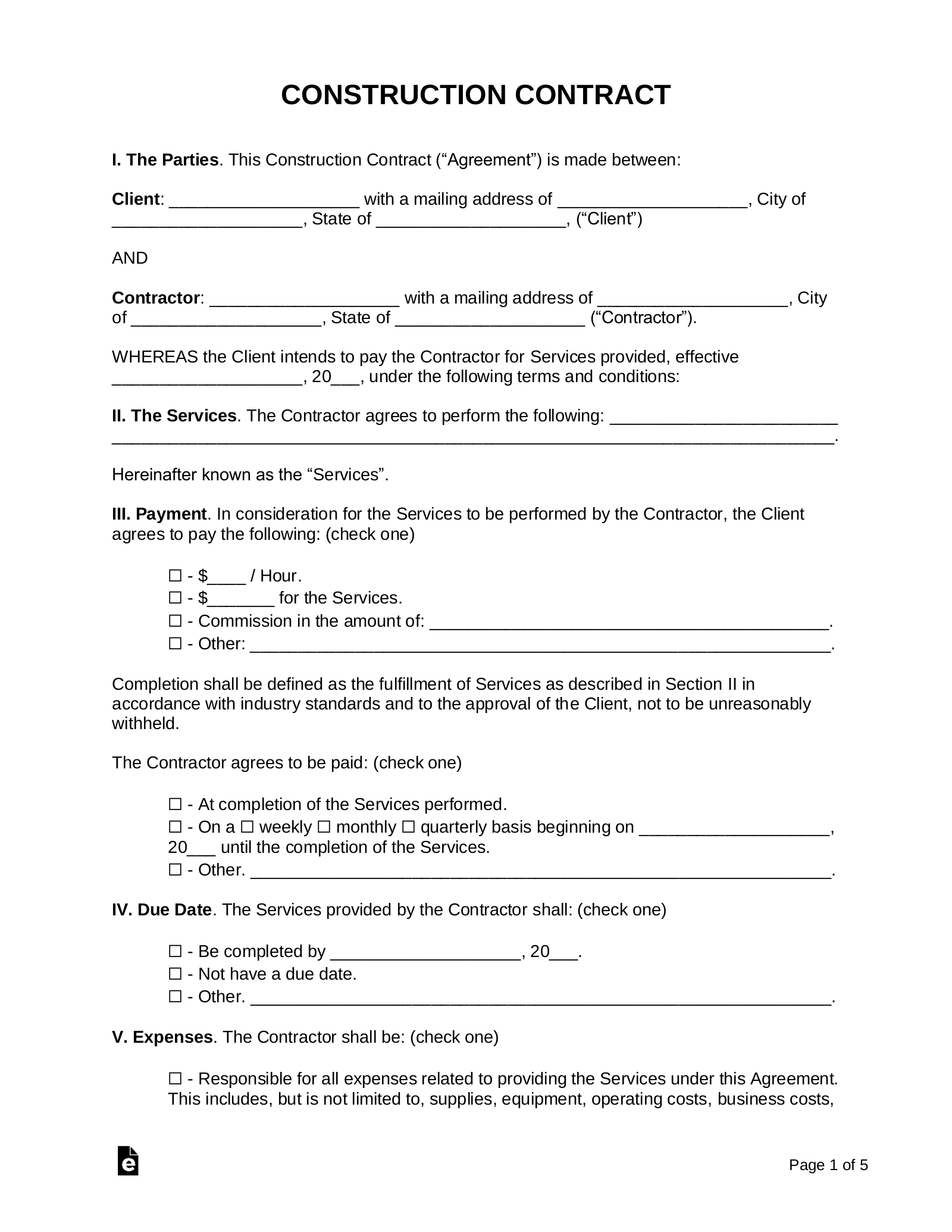 Printable Construction Contract Template