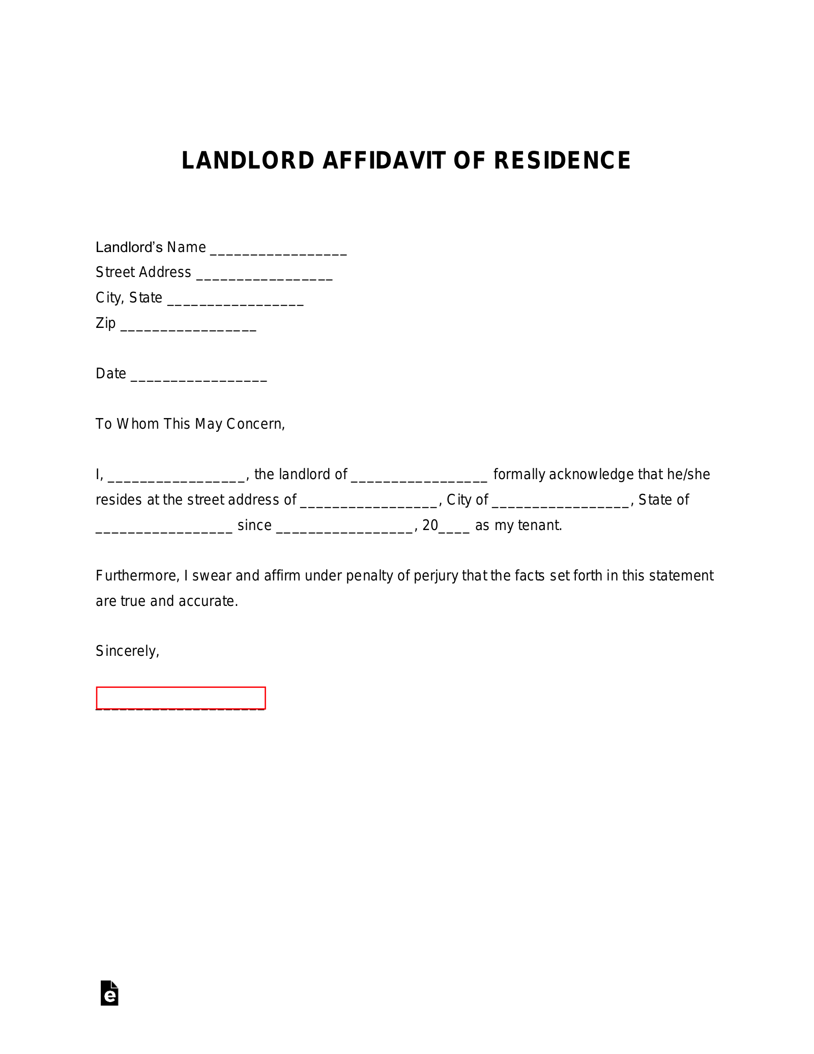 Proof Of Residency Letter From Landlord from eforms.com