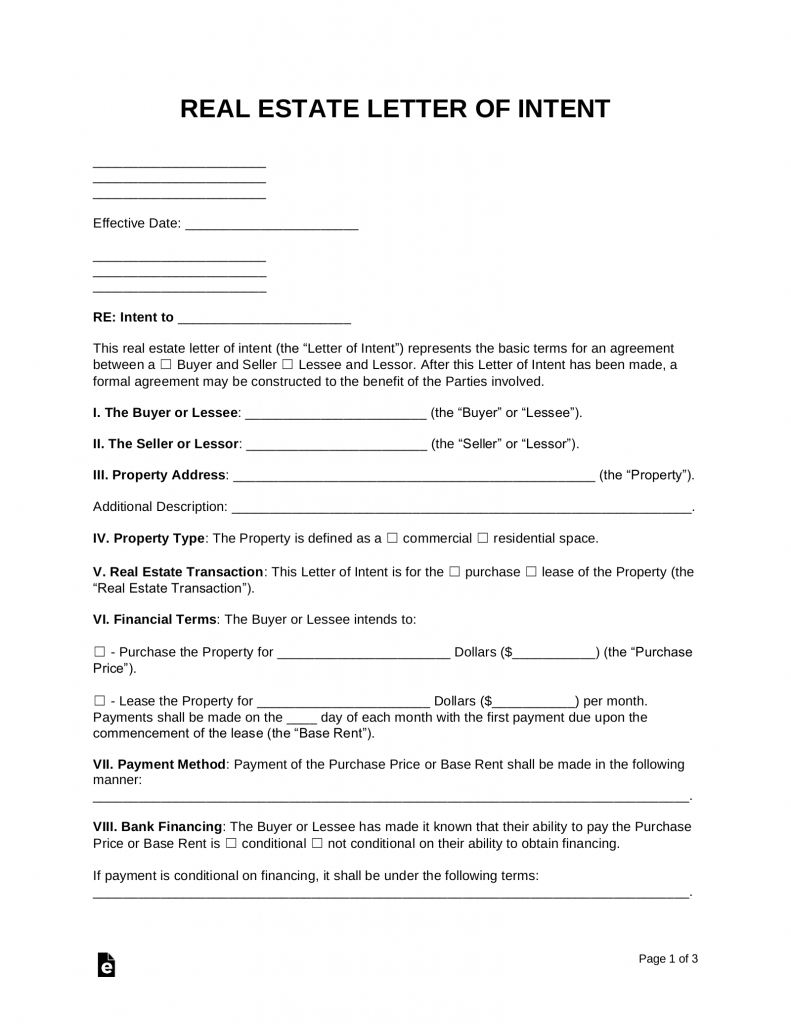 Letter Of Intent Real Estate Template Word