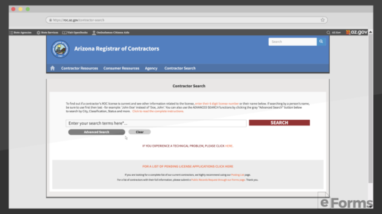 browser showing arizona registrar of contractors search page