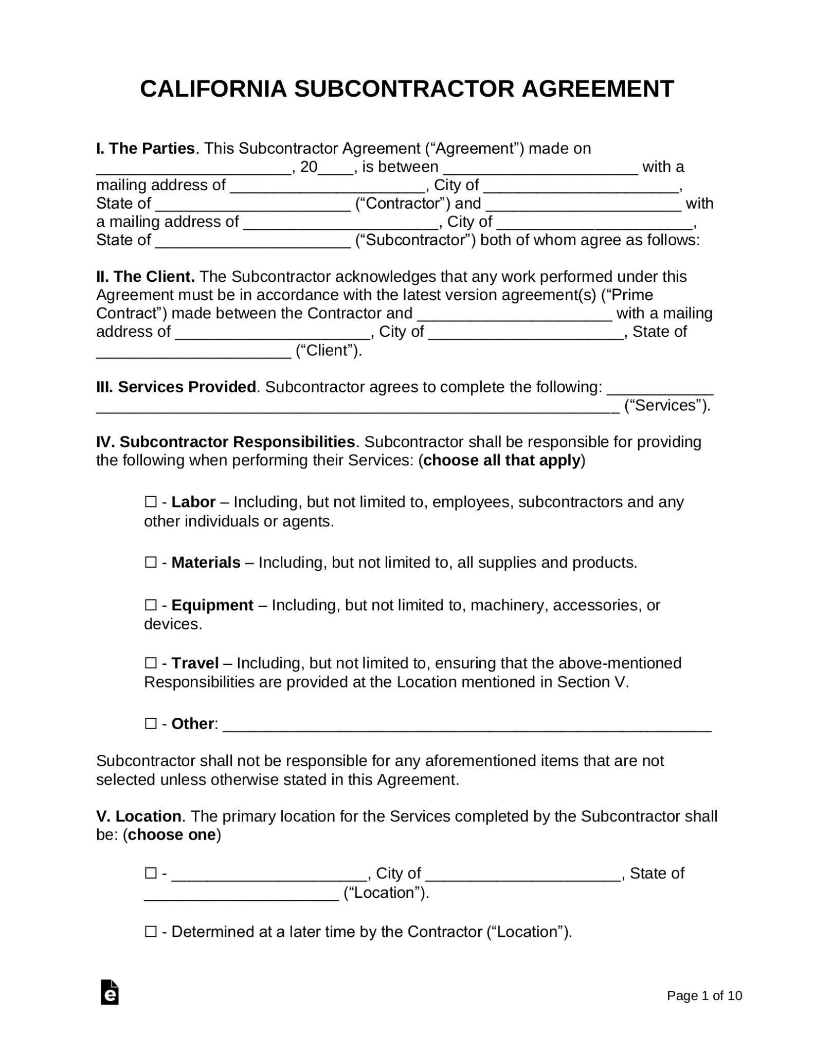 Free California Subcontractor Agreement - PDF | Word – eForms