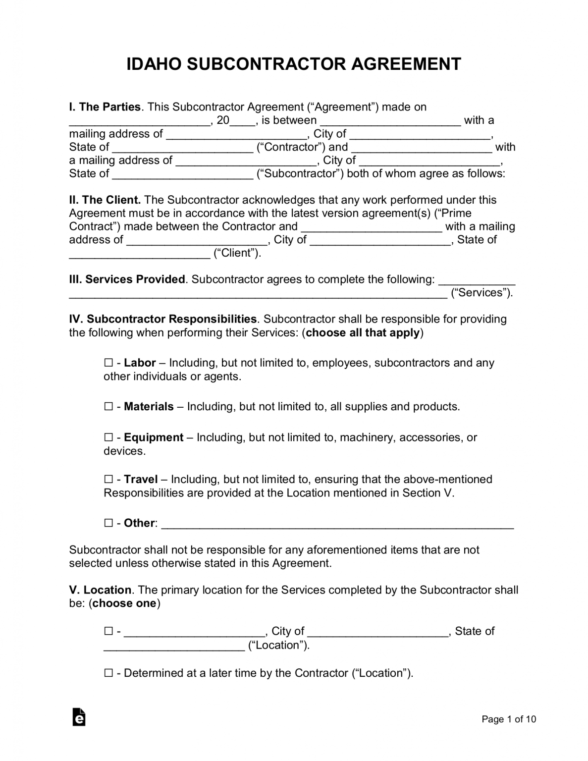 Free Idaho Subcontractor Agreement - PDF | Word – eForms
