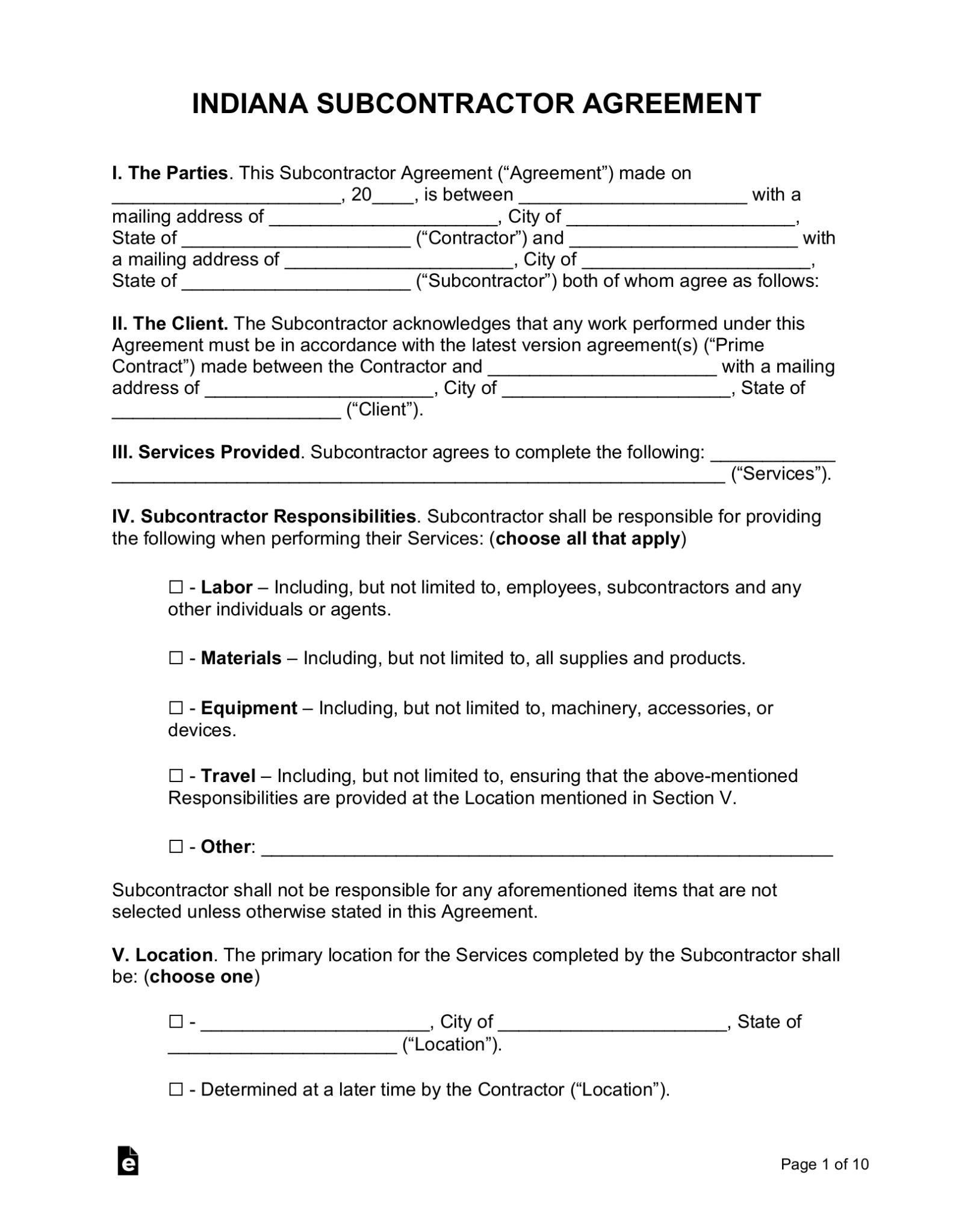 Free Indiana Subcontractor Agreement - PDF | Word – eForms