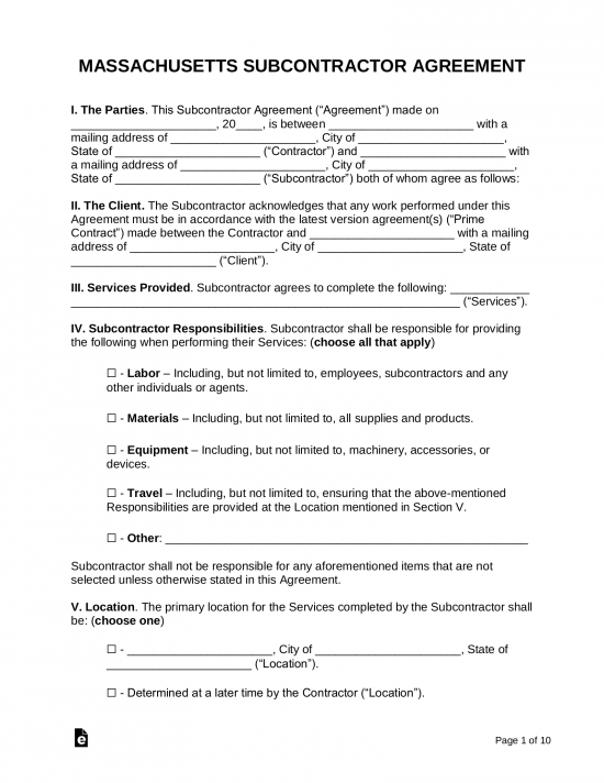 Massachusetts Subcontractor Agreement