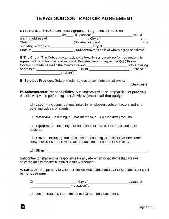 Texas Subcontractor Agreement
