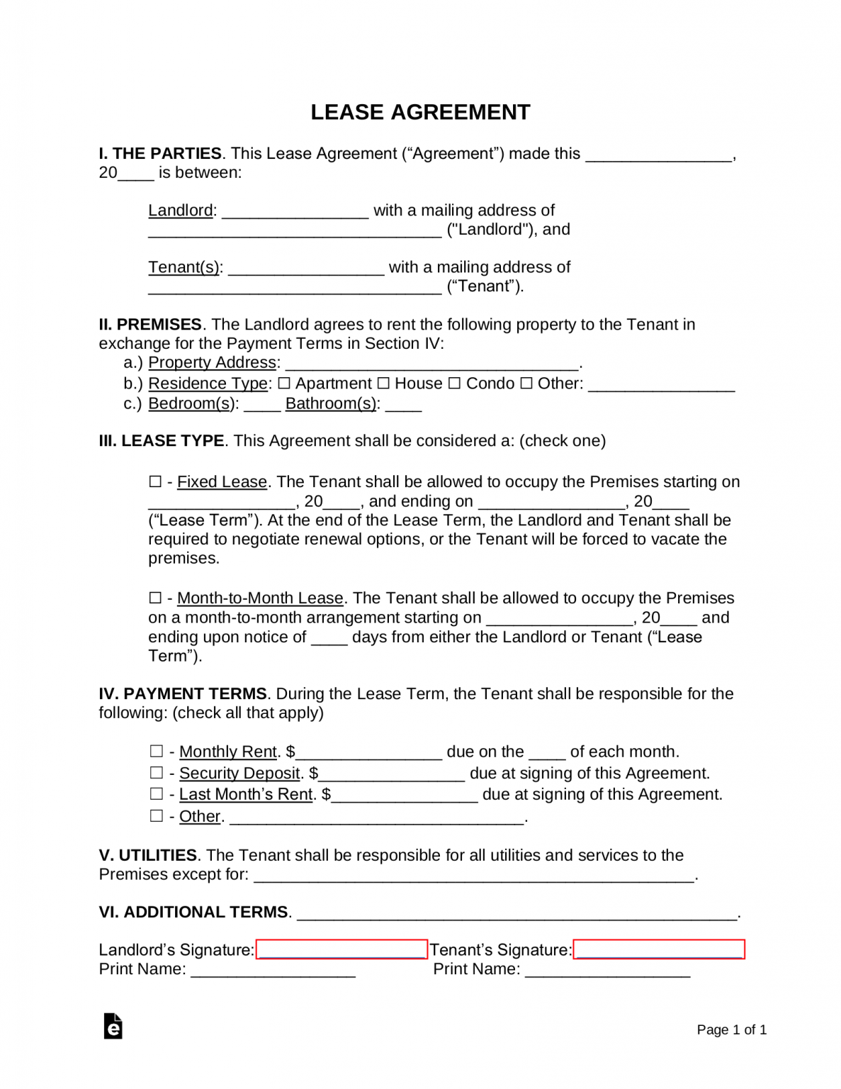 Free Simple 1Page Lease Agreement Template Sample PDF Word eForms