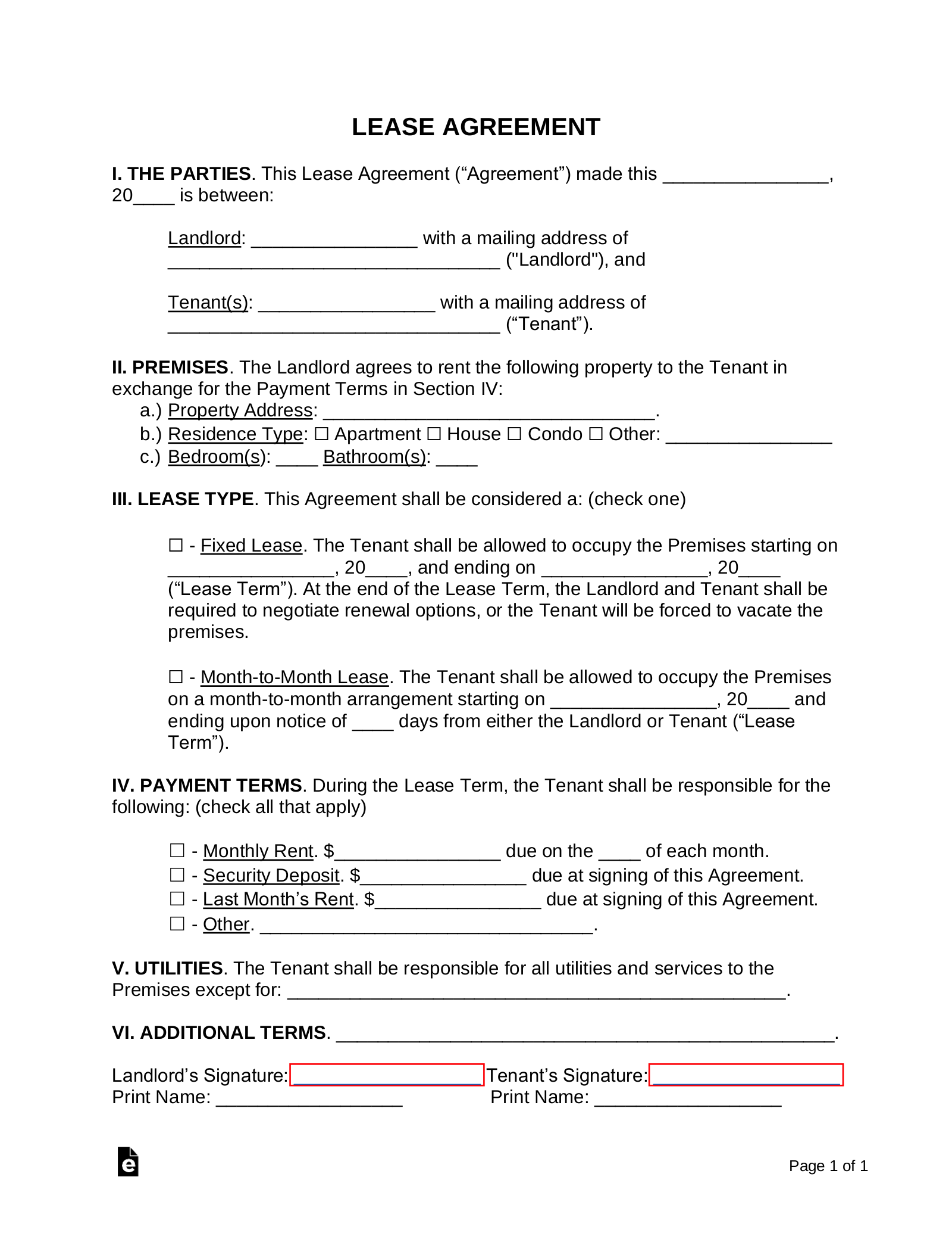 Lease Template For Land South Africa / One Page Agreement Template