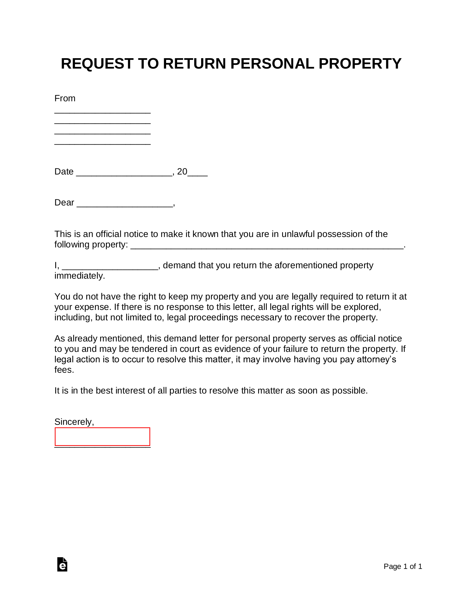Sample Letter Requesting Return Of Personal Property from eforms.com
