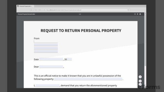 screen showing eforms template for personal demand letter