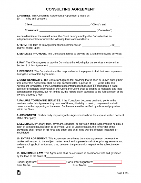 Free One (1) Page Consulting Agreement Template - PDF | Word – eForms