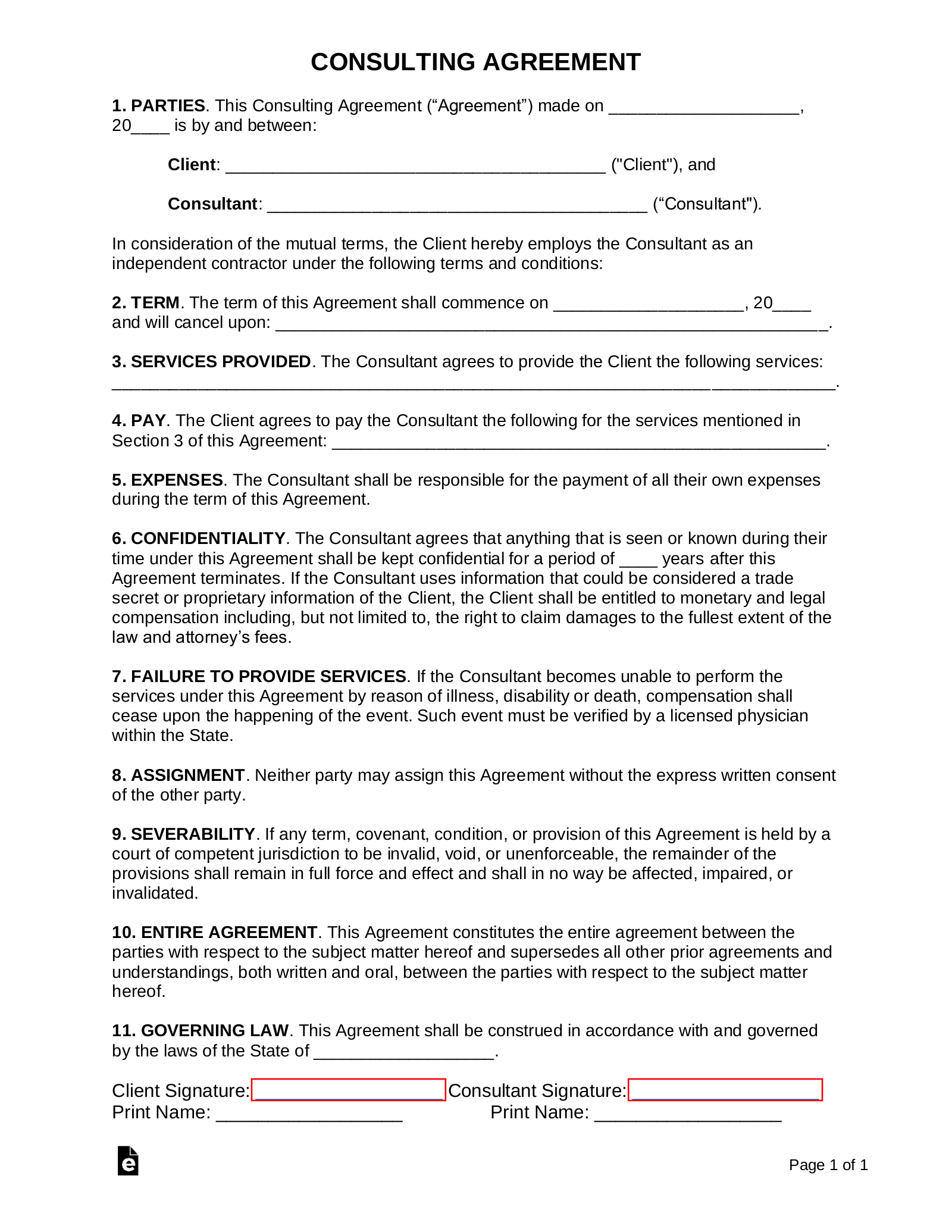 Free One (1) Page Consulting Agreement Template PDF Word eForms