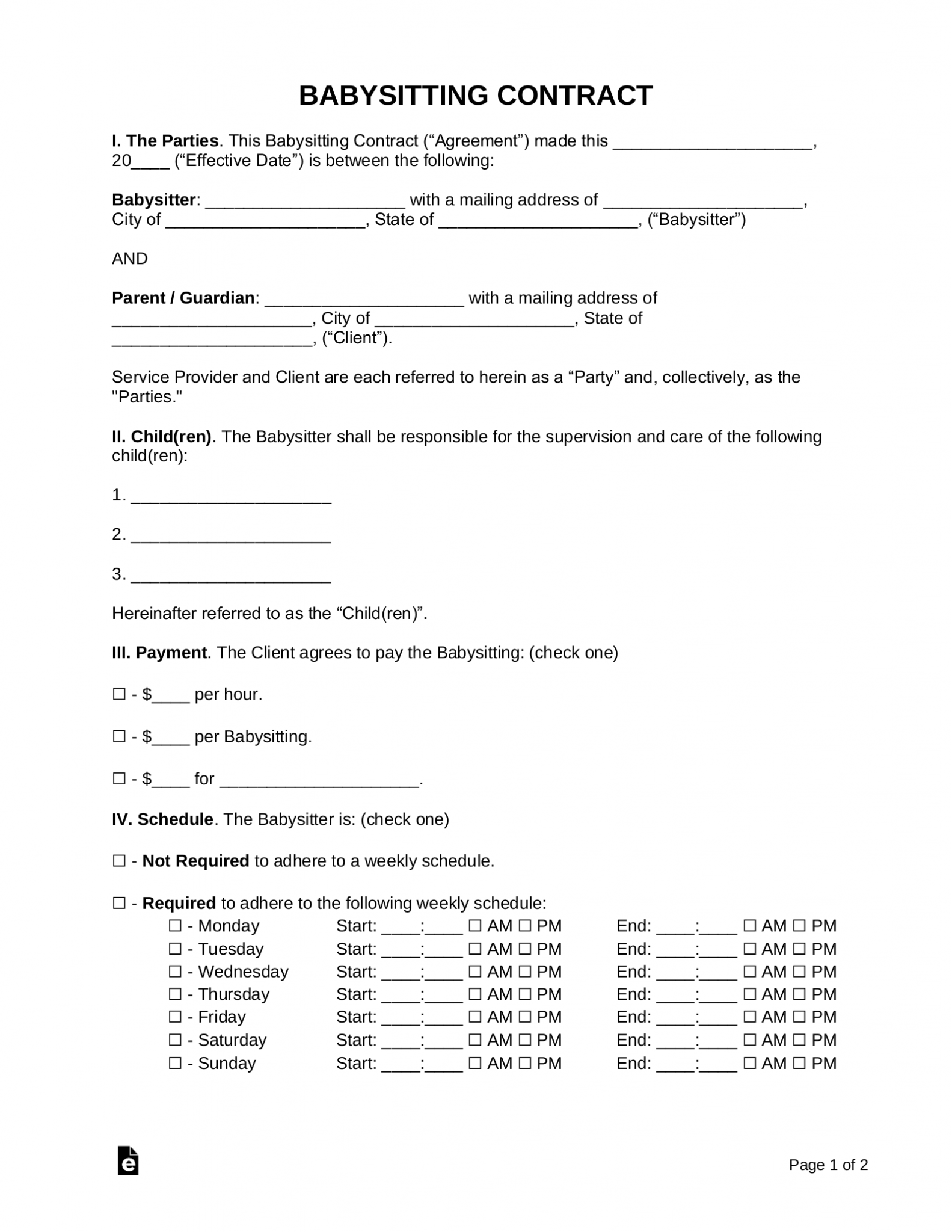 Free Babysitter Contract Template Samples PDF Word eForms