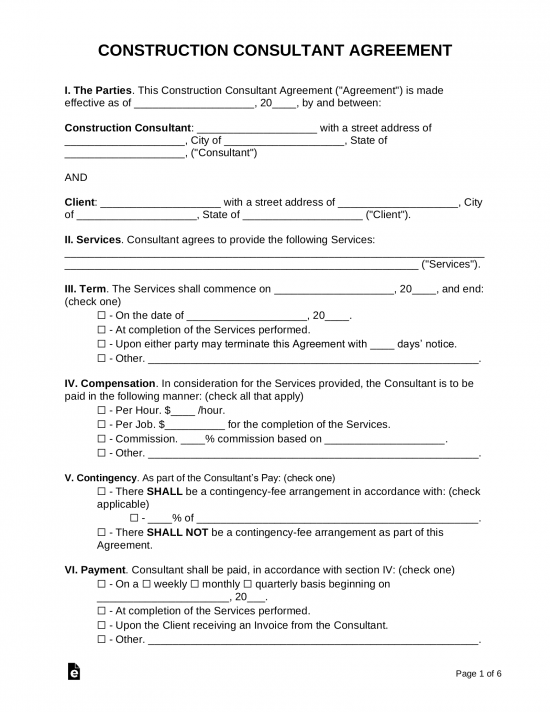 Free Construction Consultant Agreement PDF Word eForms