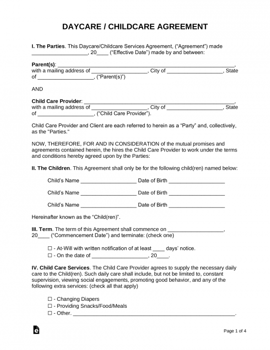 Free Daycare (Child Care) Contract Template PDF Word eForms