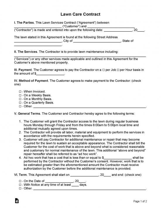 Printable Lawn Care Service Agreement