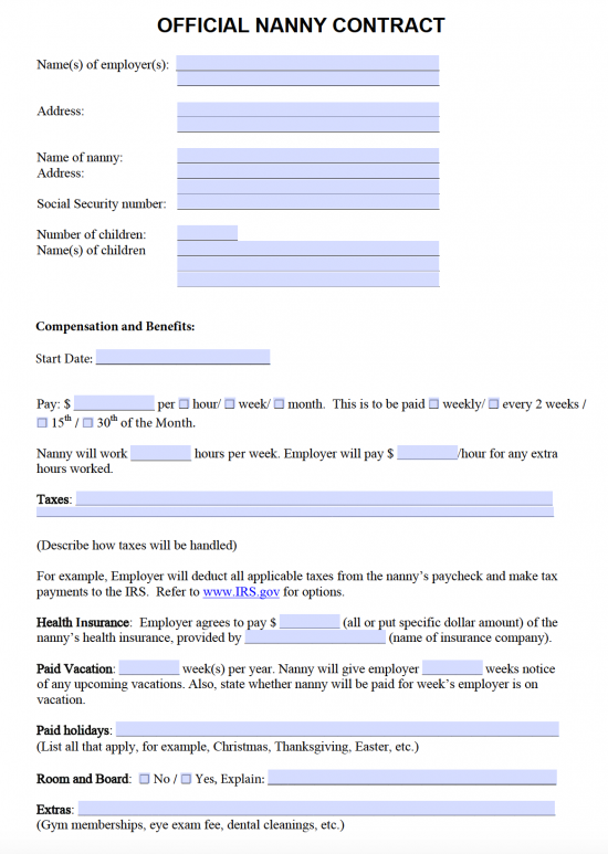 Free Nanny Contract Template Samples PDF Word eForms