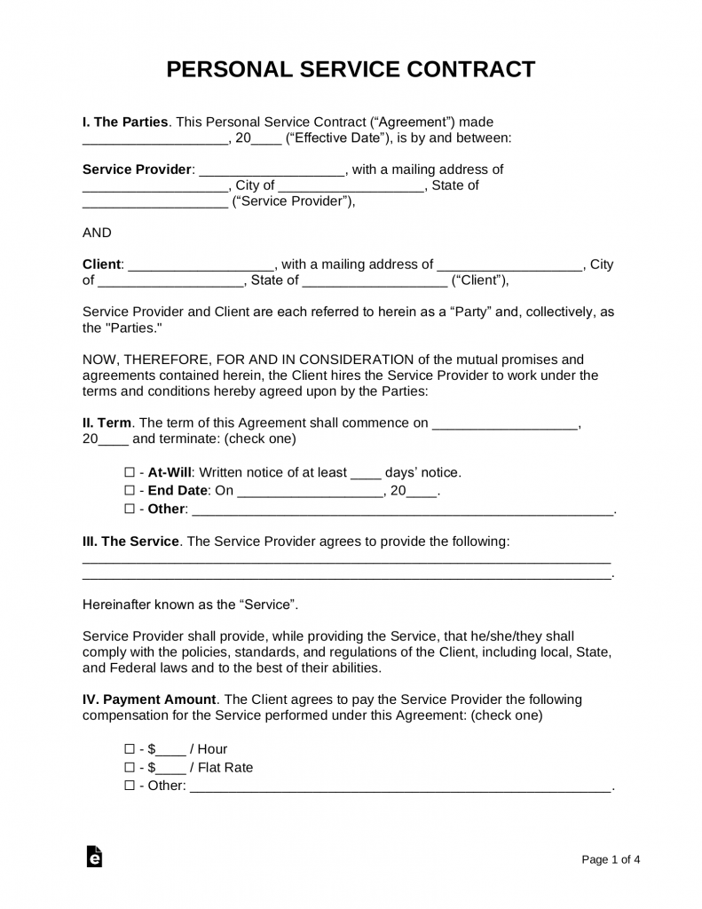 Free Personal Service Contract Template PDF Word EForms