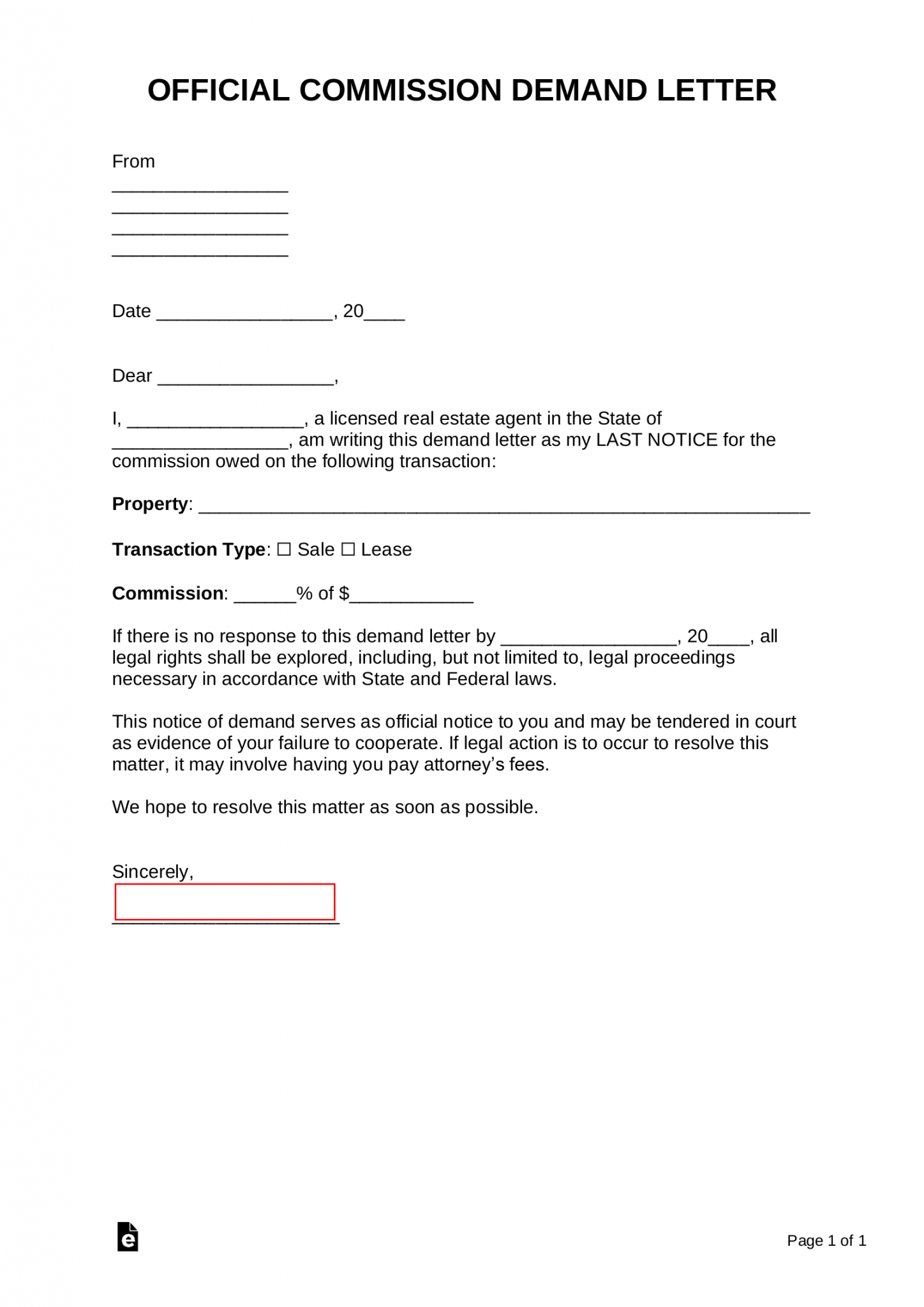 Real Estate Commission Demand Letter Official Notice Sample Template