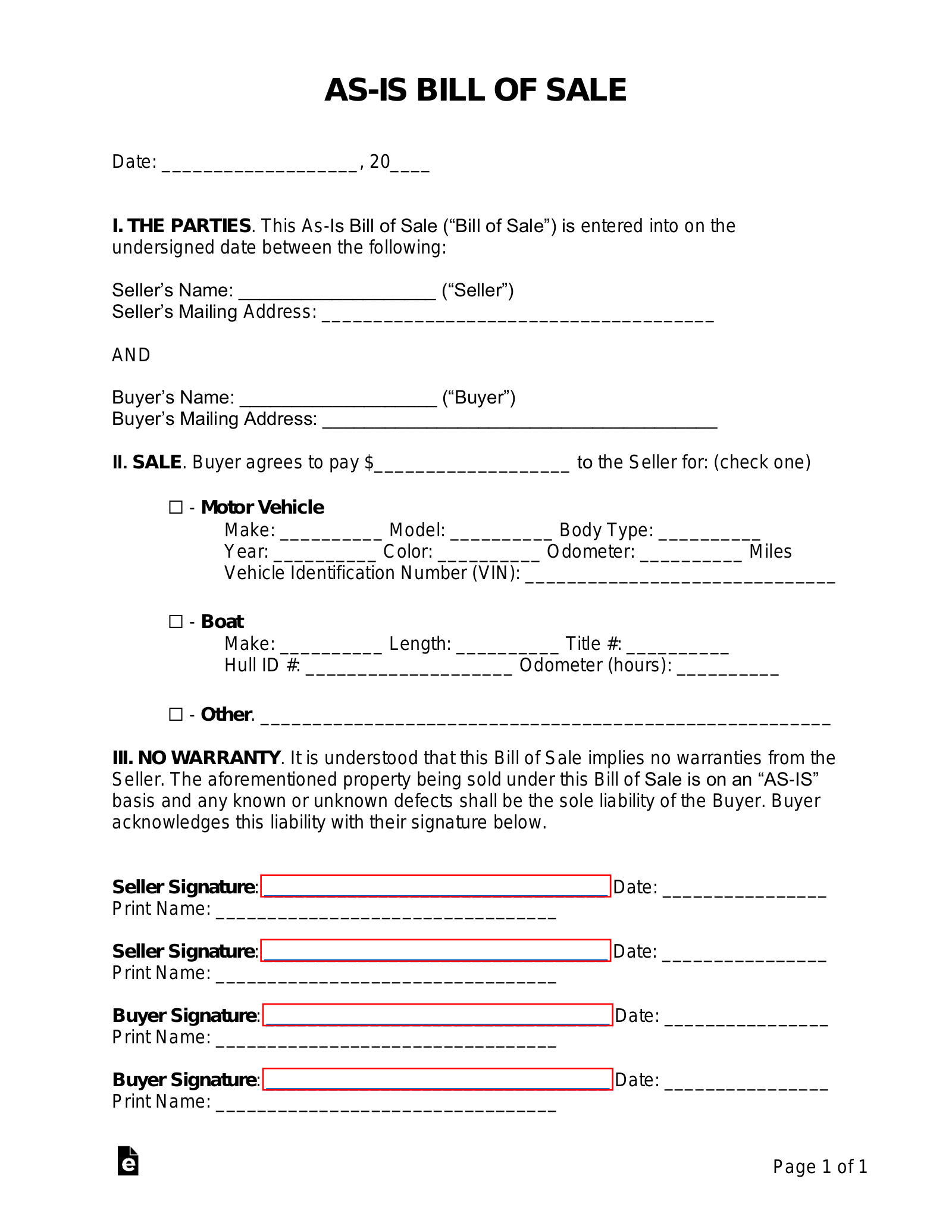 As-Is (No Warranty) Bill of Sale Template