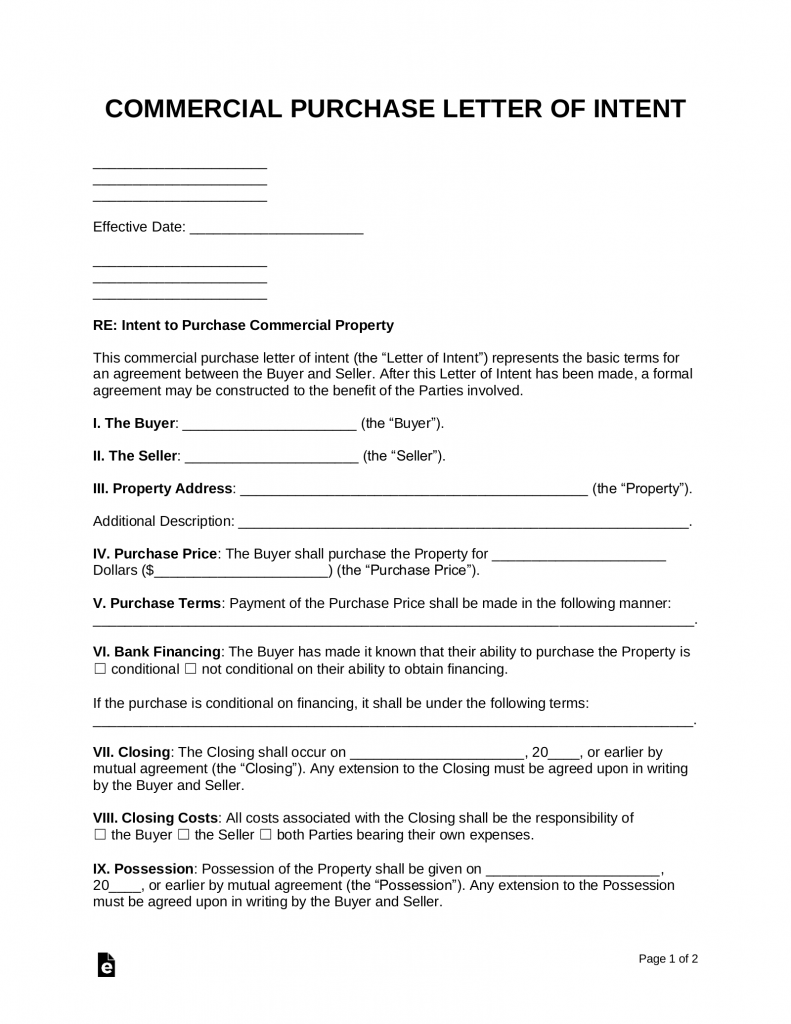 Free Real Estate Letter of Intent Purchase or Lease Word PDF eForms