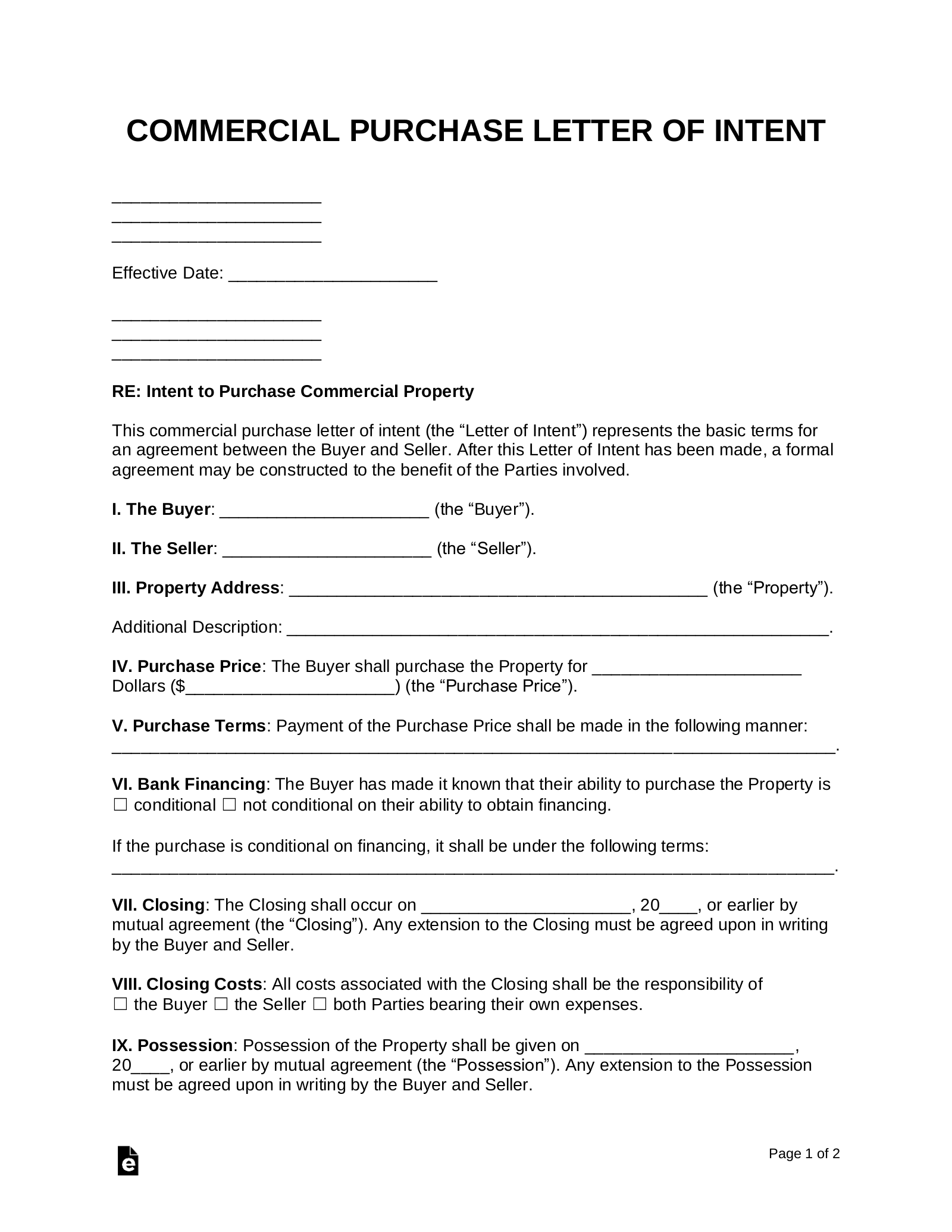 Letters Of Intent Template For Your Needs