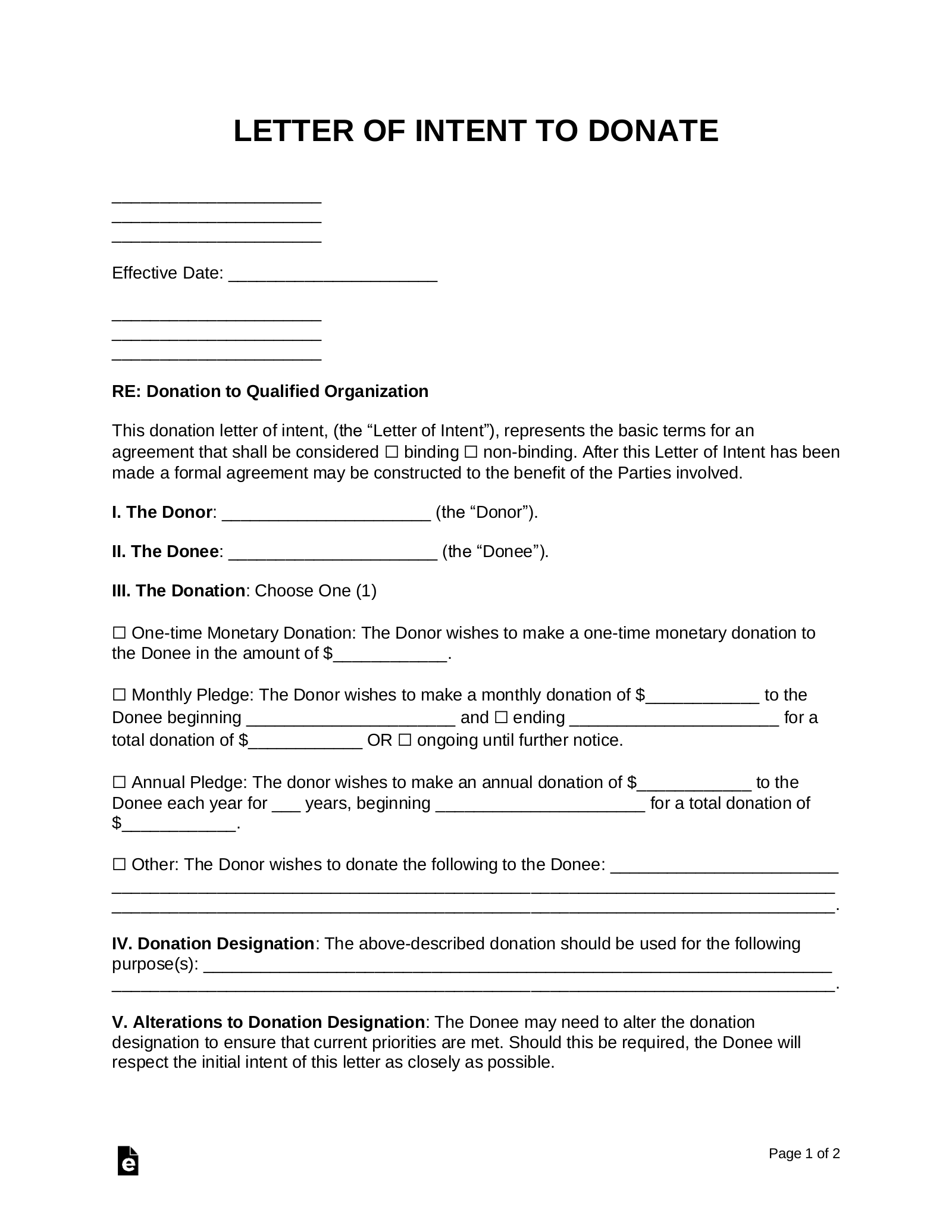 Donation Letter of Intent Template