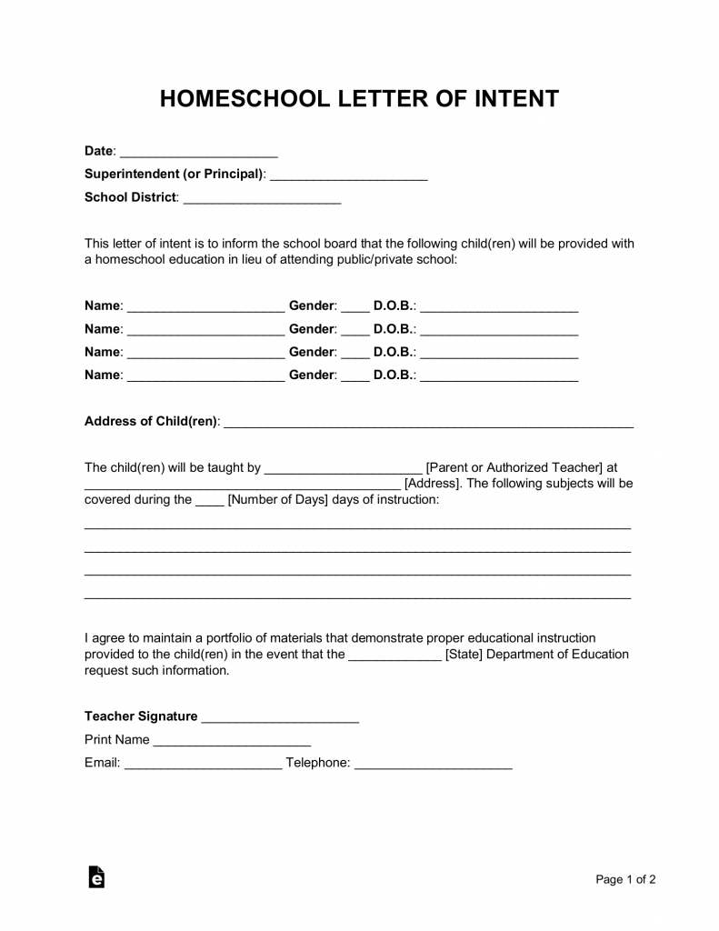 Sample Letter Of Intent To Homeschool