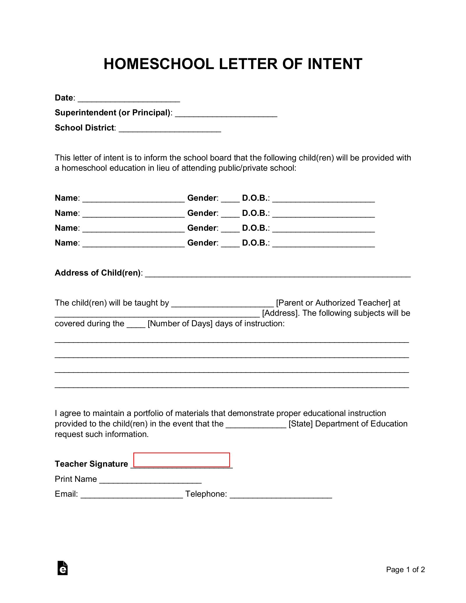 Homeschool Letter of Intent Template