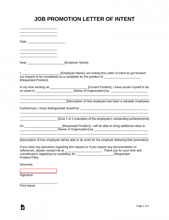 Job Promotion Letter of Intent Template