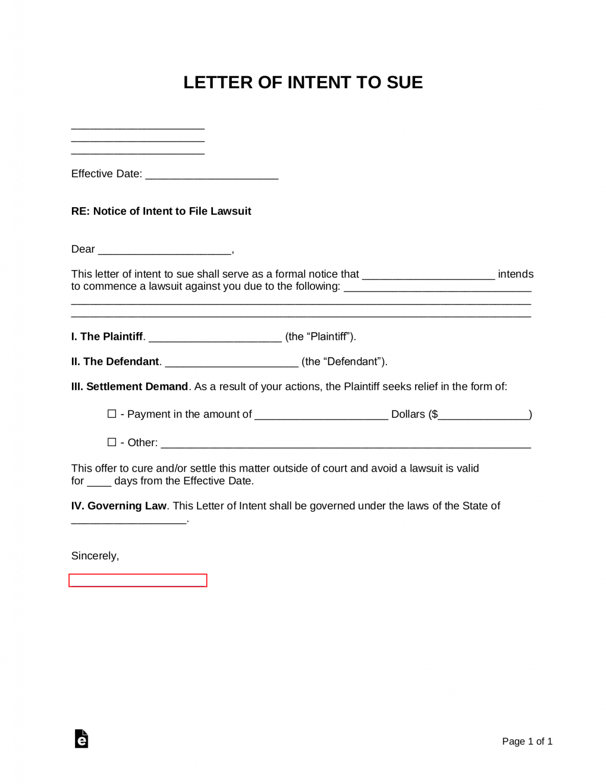 Free Letter of Intent to Sue (with Settlement Demand) Sample PDF