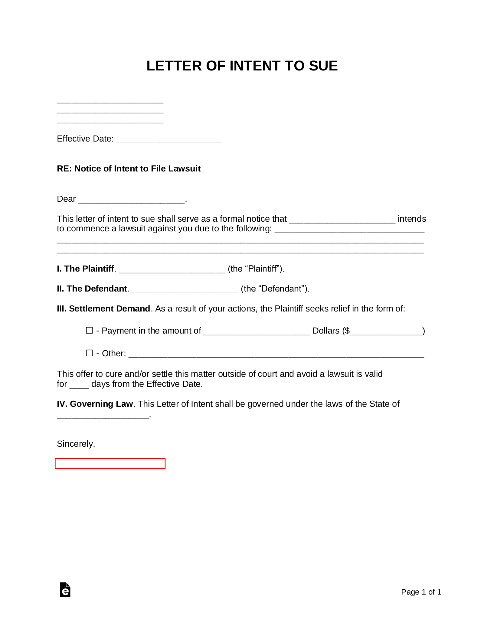 Letter of Intent to Sue (with Settlement Demand) | Sample