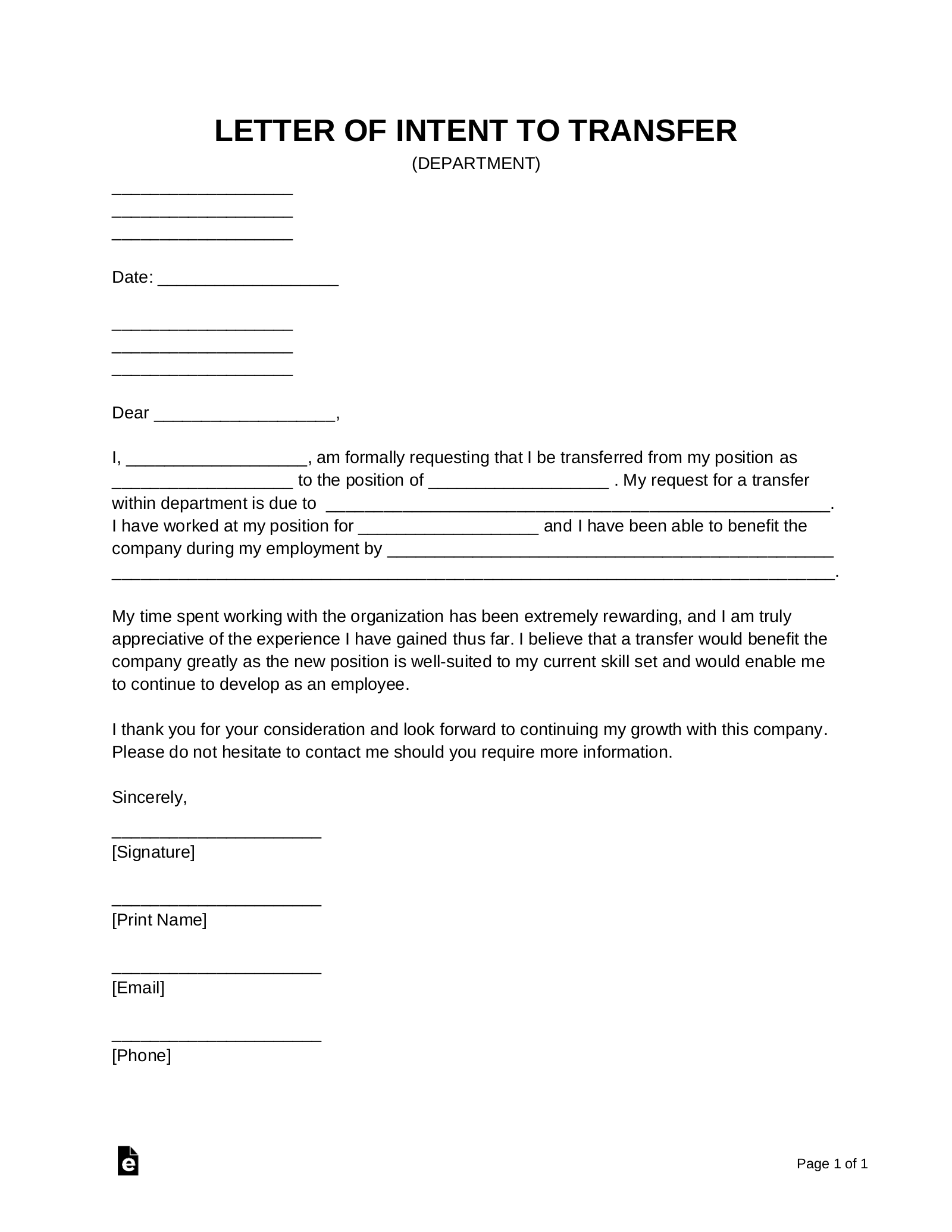 Free Transfer Department/Job Letter of Intent Template PDF Word