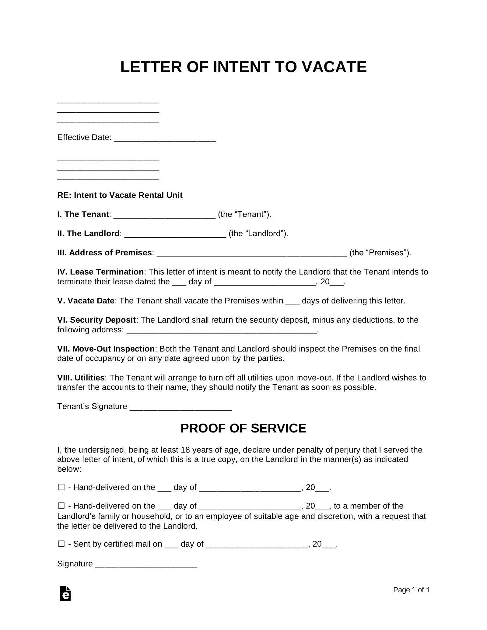 Free Letter of Intent to Vacate Rental Property PDF Word eForms