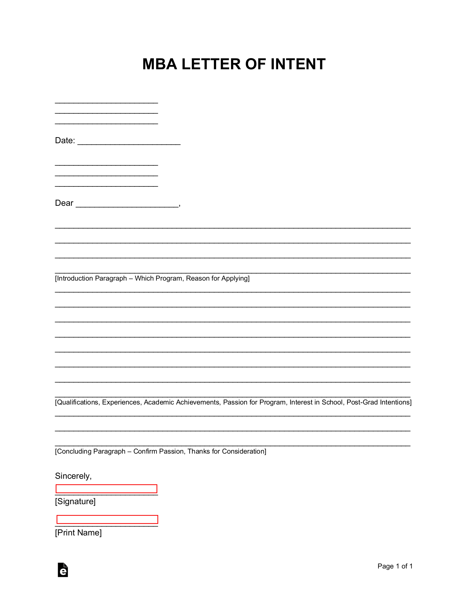 Free Mba Letter Of Intent Word Pdf Eforms